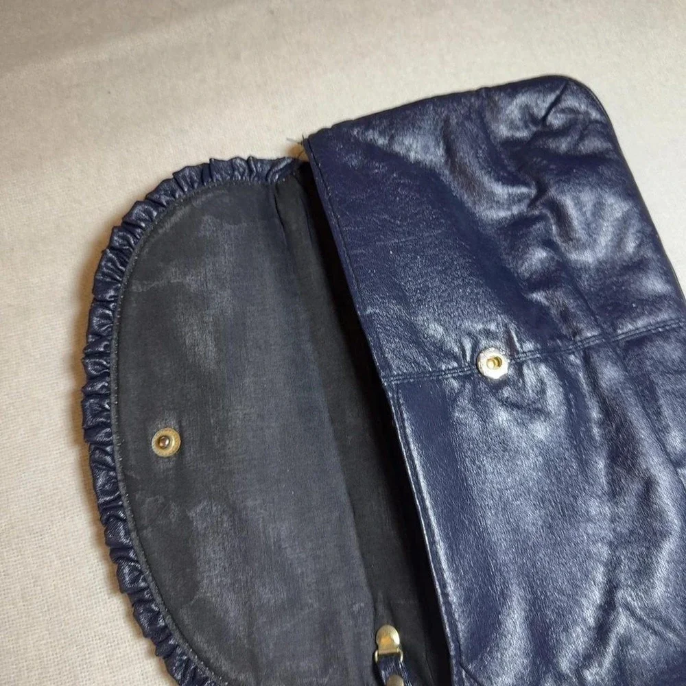 Vintage 80s Navy Faux Leather Ruffle Clutch